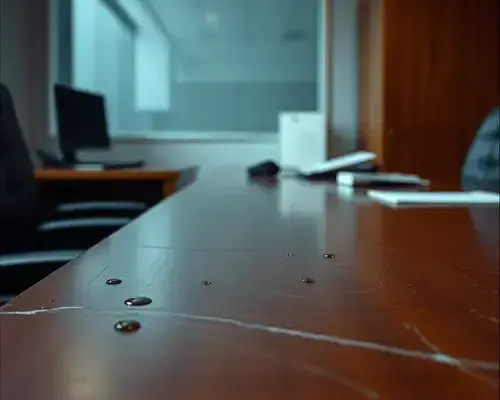 Water-damaged executive desk before restoration