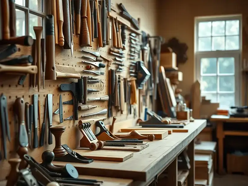Professional woodworking workshop with organized tools
